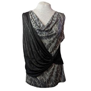 Laura Plus 2X black & white floral sleeveless blouse w/ sheer scarf EUC